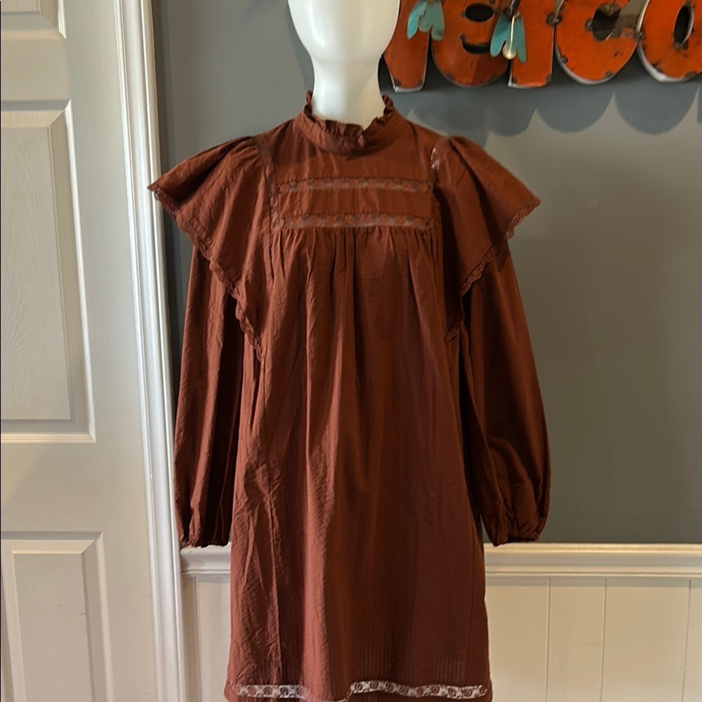 Boho/Prairie Style Brown Long Sleeve Dress with Ruffles and Eyelet Trim